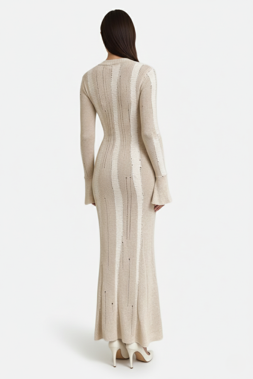 Striped Soft Knit Long Sleeve Maxi Dress - Siopie