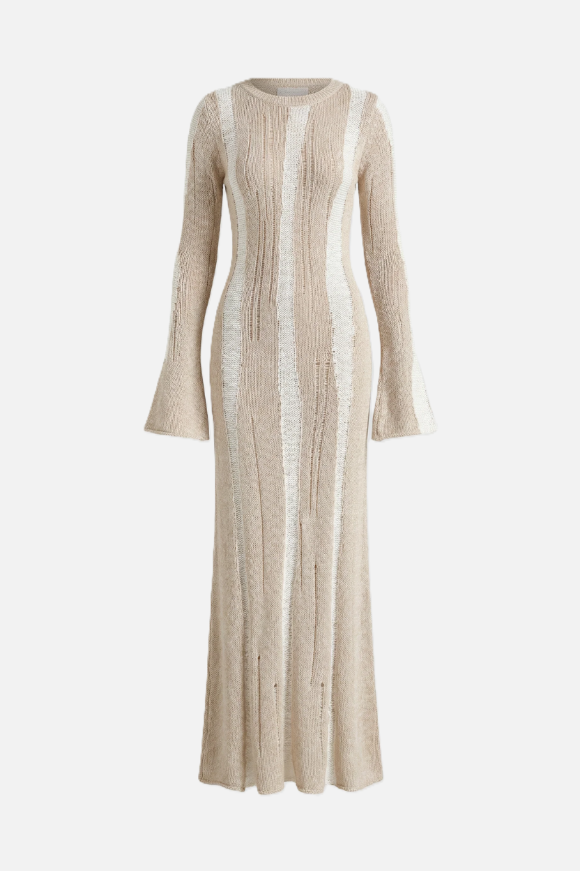 Striped Soft Knit Long Sleeve Maxi Dress - Siopie