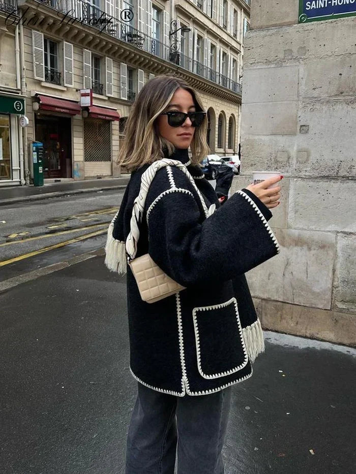Sorvienne Oversized Blanket Stitch Scarf Coat in Black with Cream Trim