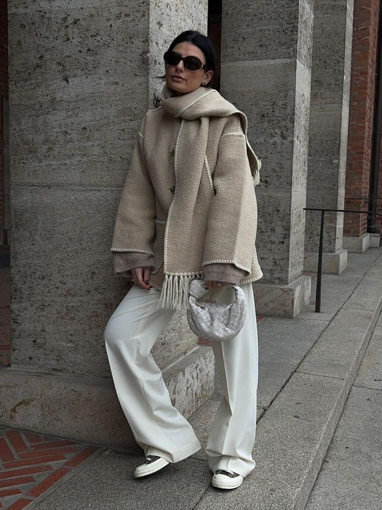 Sorvienne Oversized Blanket Stitch Scarf Coat in Beige