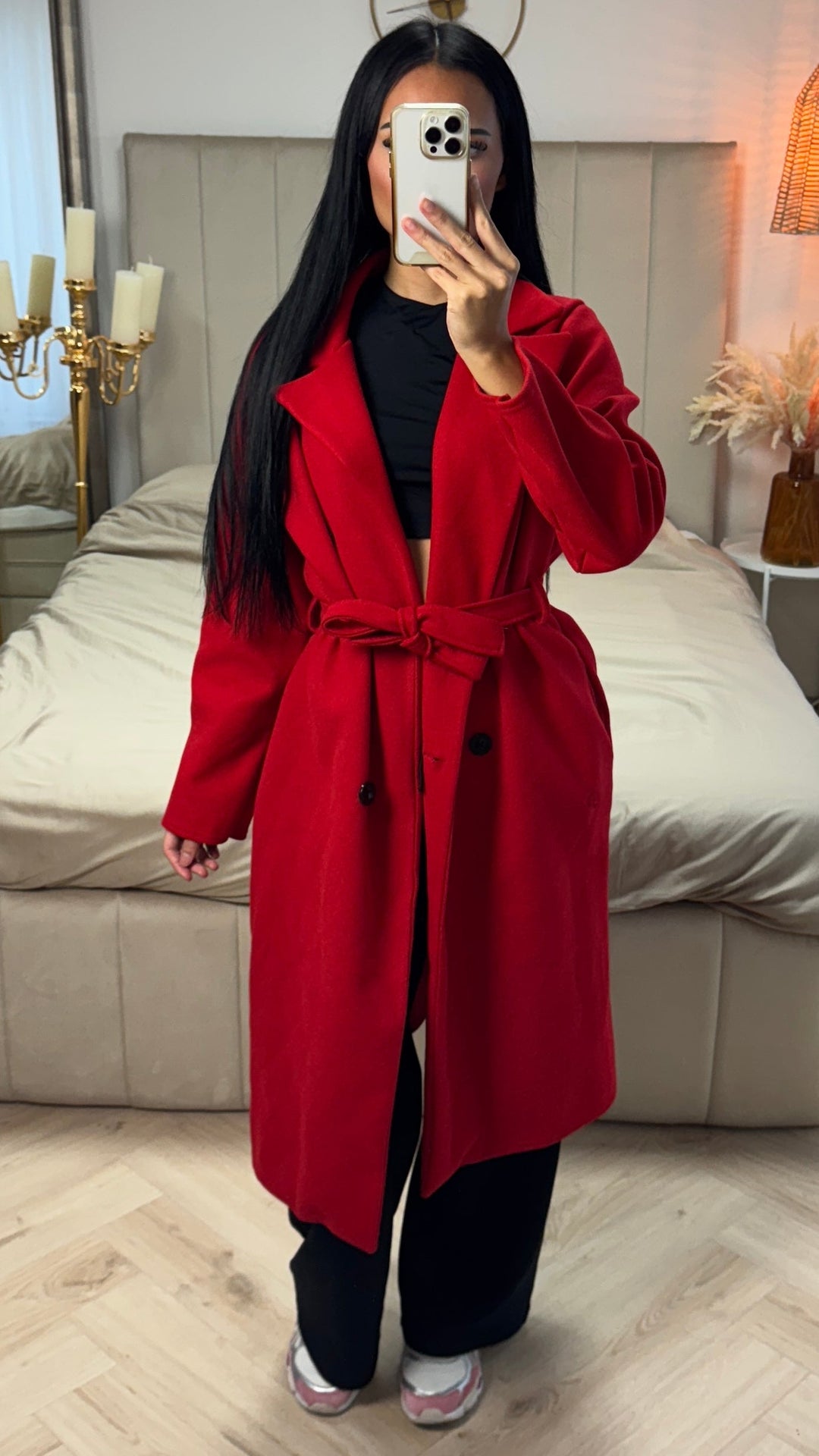 Sorvienne Relaxed Double Breasted Belted Longline Coat in Red