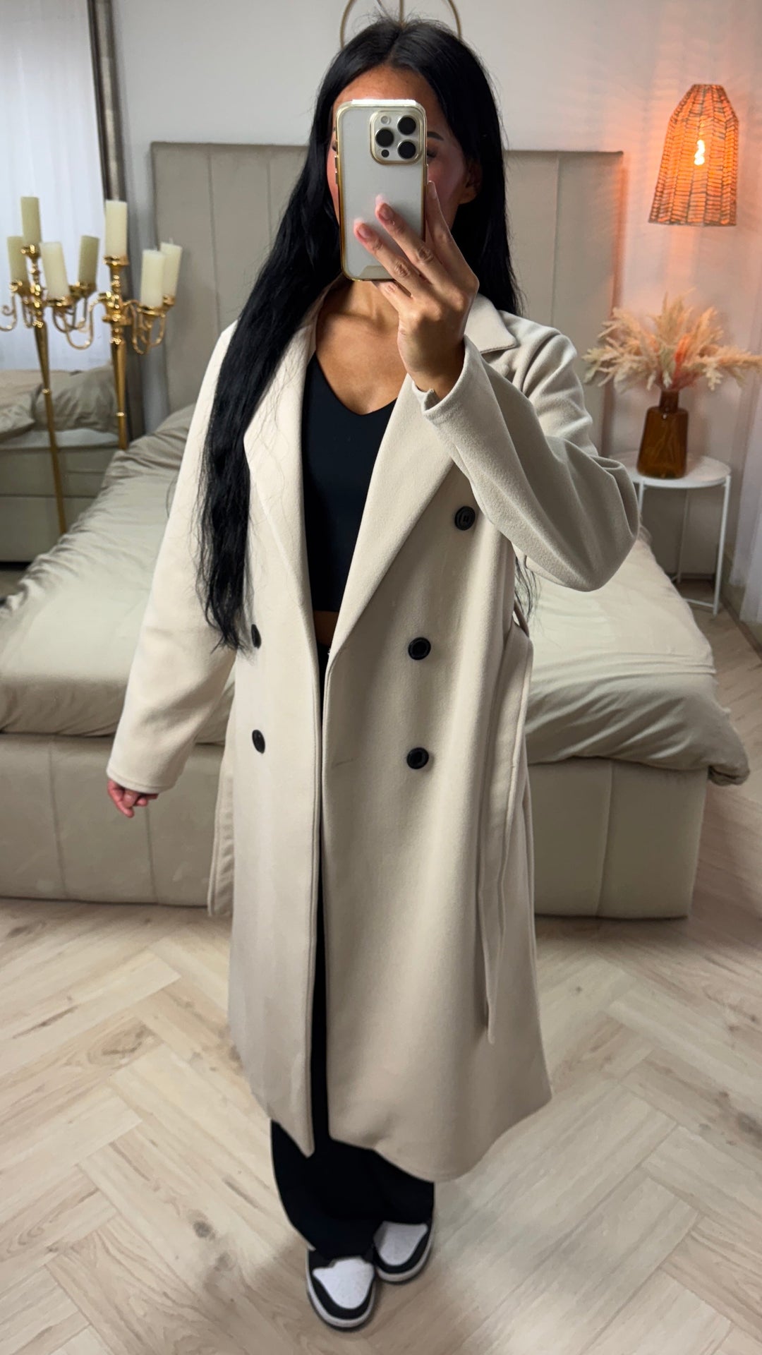 Sorvienne Relaxed Double Breasted Belted Longline Coat in Cream