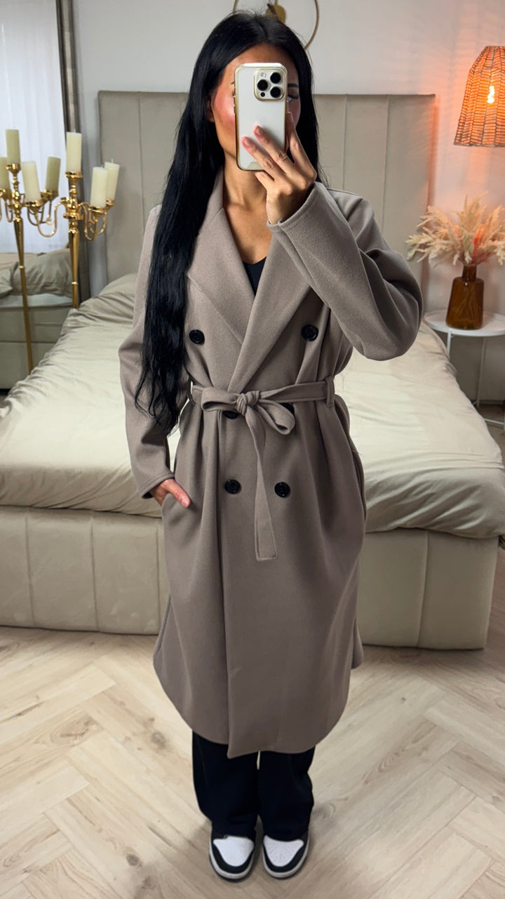 Sorvienne Relaxed Double Breasted Belted Longline Coat in Taupe