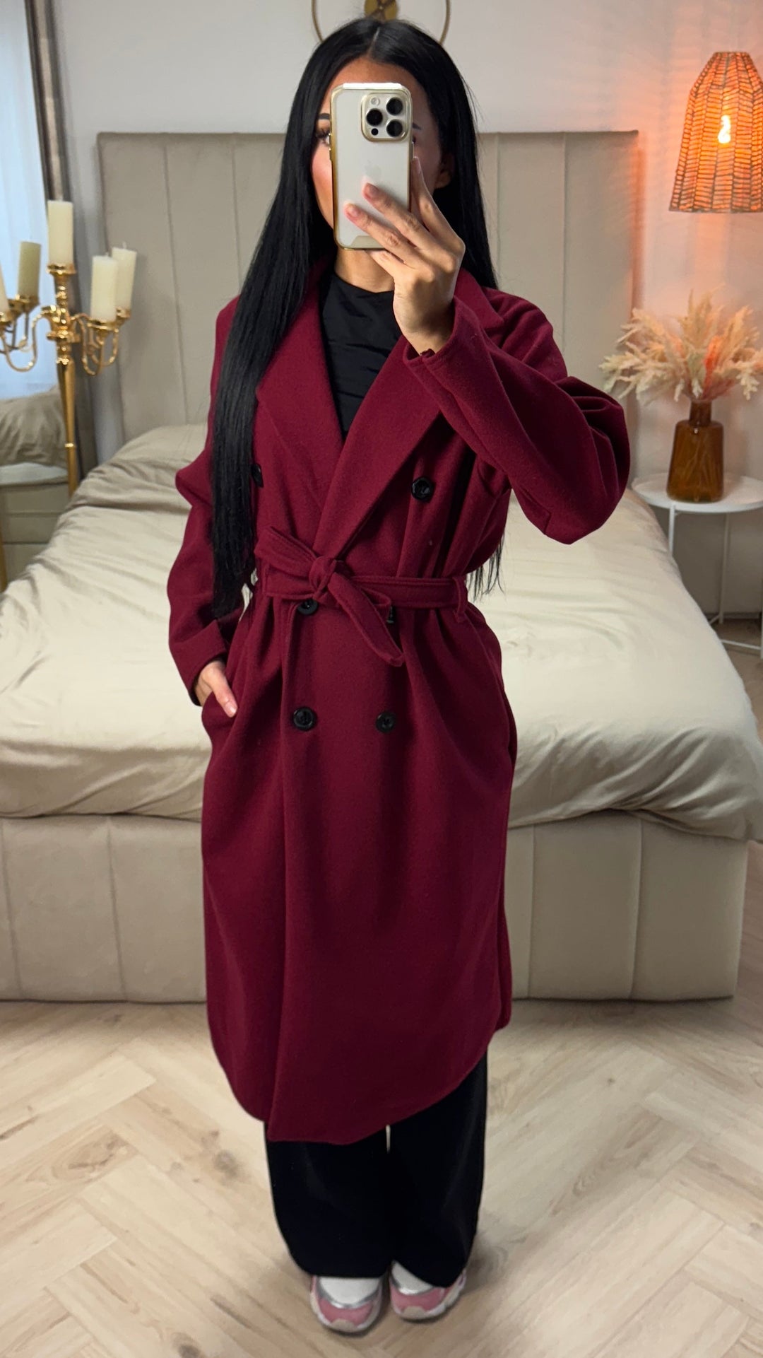 Sorvienne Relaxed Double Breasted Belted Longline Coat in Burgundy
