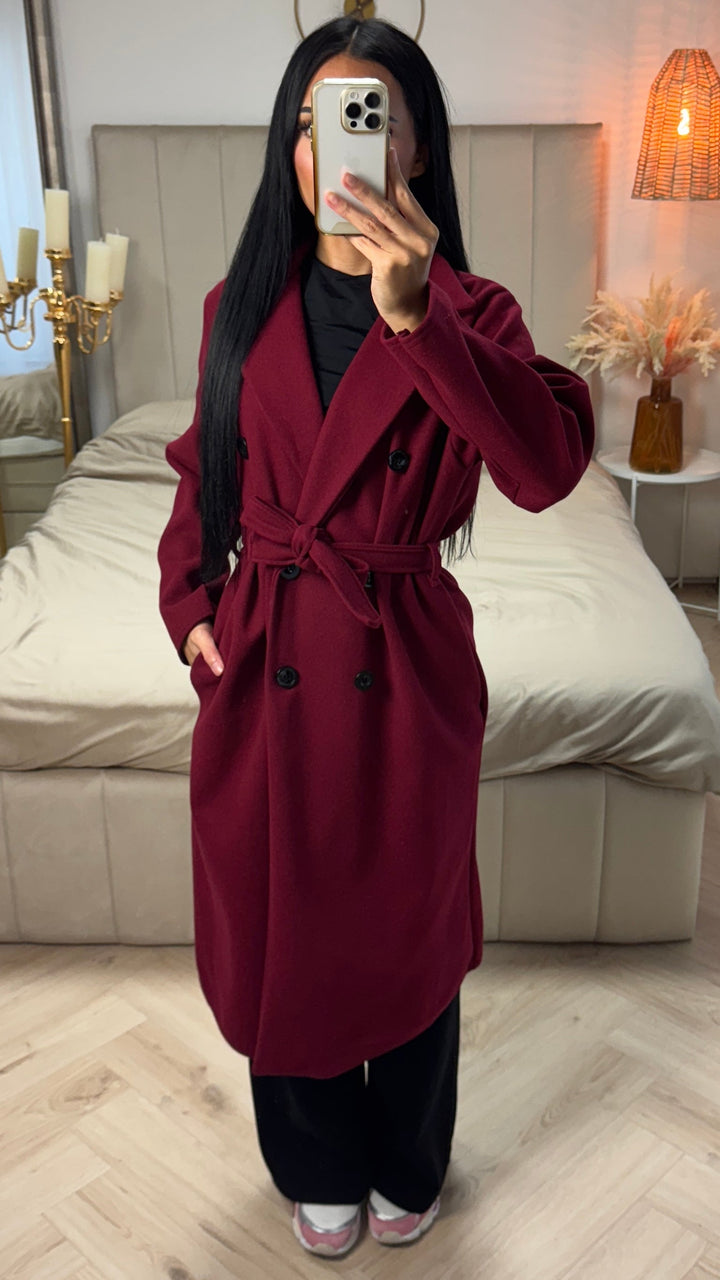 Sorvienne Relaxed Double Breasted Belted Longline Coat in Burgundy