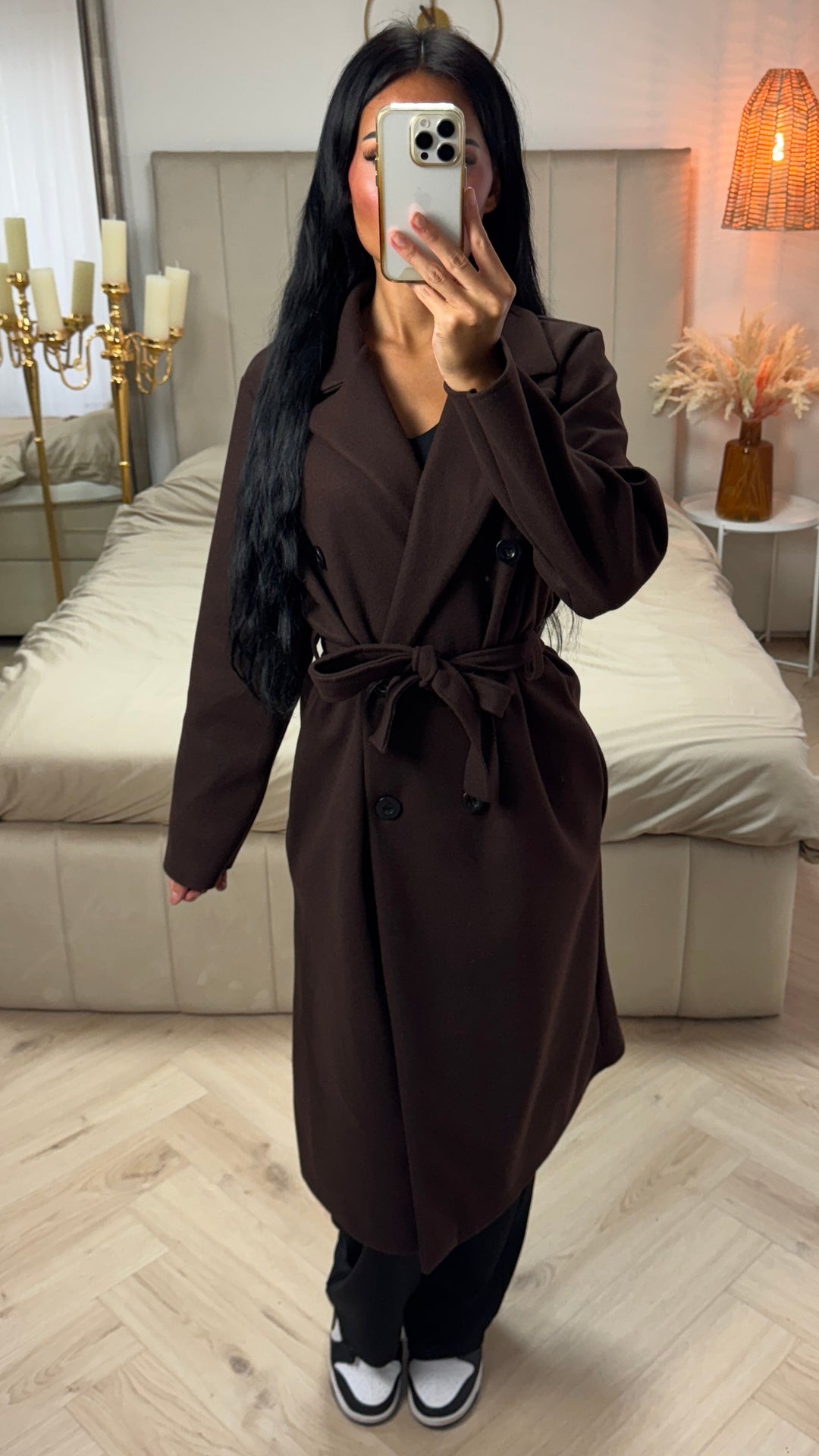 Sorvienne Relaxed Double Breasted Belted Longline Coat in Chocolate