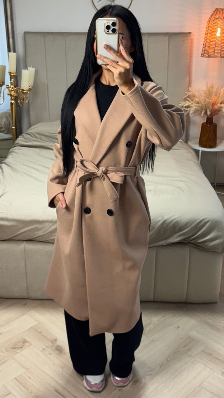 Sorvienne Relaxed Double Breasted Belted Longline Coat in Camel