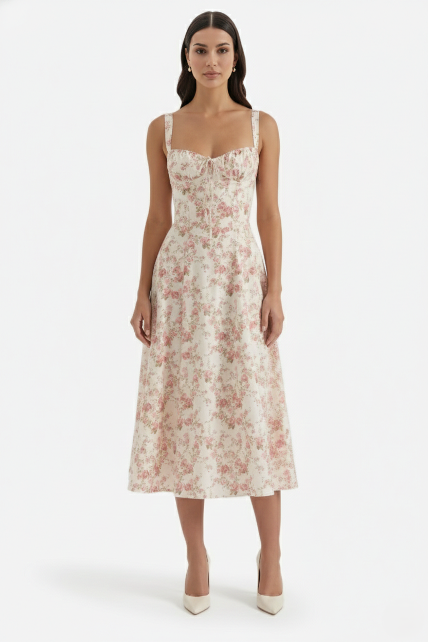 Summer Midi Dress Sweetheart Ruched Bust A Line Floral Print - Siopie
