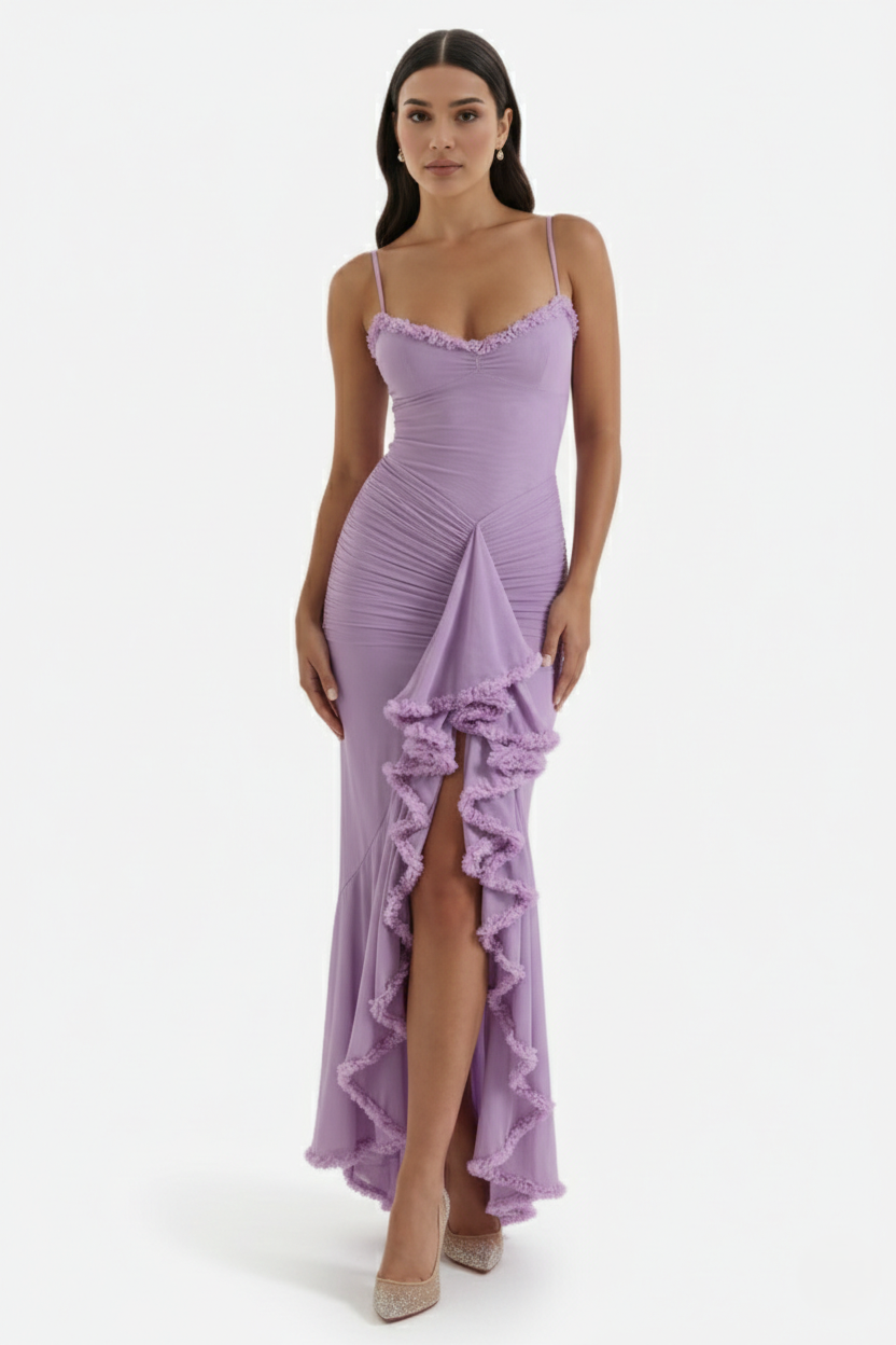 Evening Gown Ruched Mesh Ruffle Assymetrical Hem - Siopie