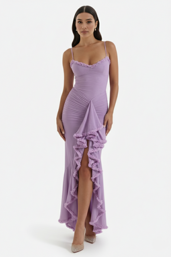 Evening Gown Ruched Mesh Ruffle Assymetrical Hem - Siopie