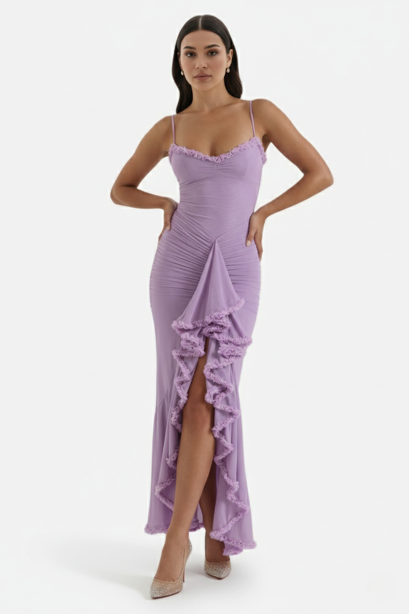 Evening Gown Ruched Mesh Ruffle Assymetrical Hem - Siopie