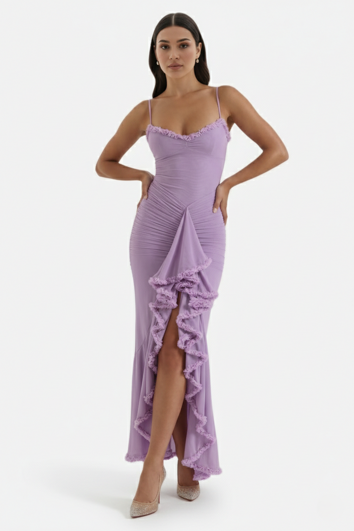 Evening Gown Ruched Mesh Ruffle Assymetrical Hem - Siopie