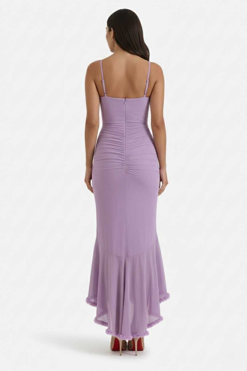 Evening Gown Ruched Mesh Ruffle Assymetrical Hem - Siopie