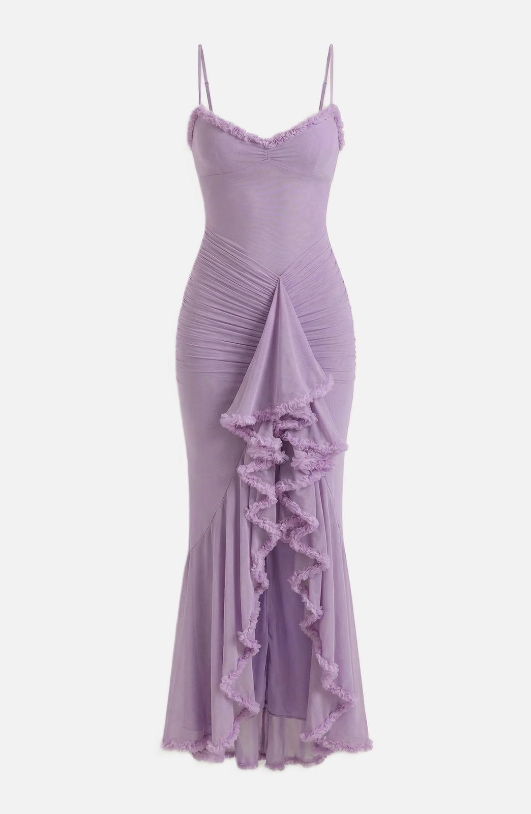 Evening Gown Ruched Mesh Ruffle Assymetrical Hem - Siopie