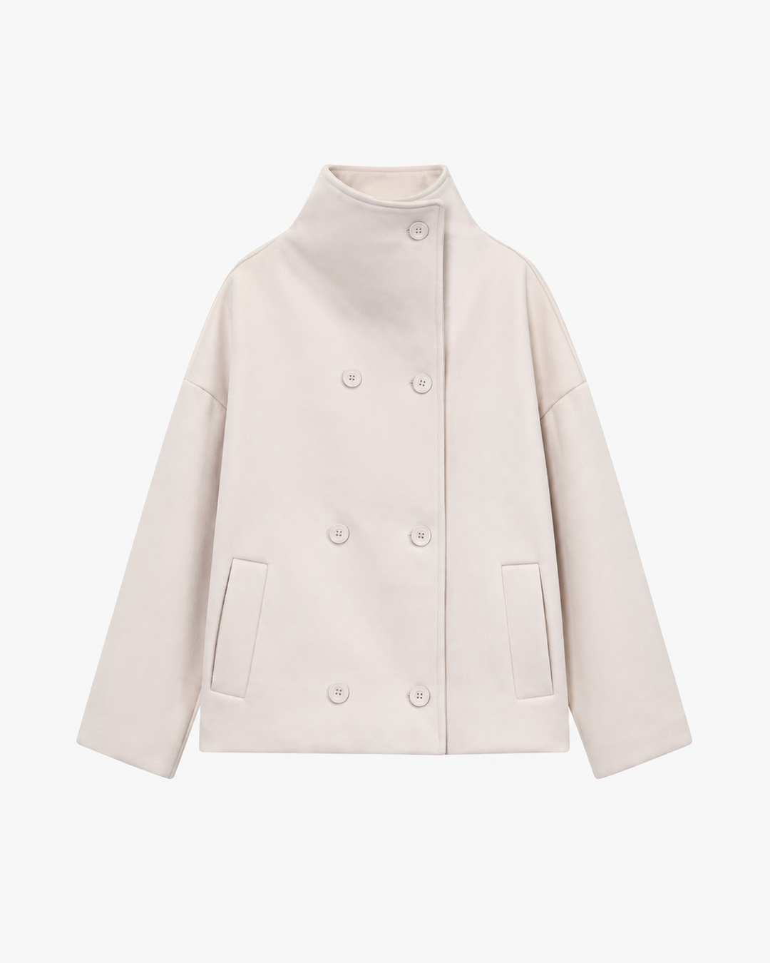 Sorvienne Relaxed Double Breasted Stand Collar Jacket in Cream