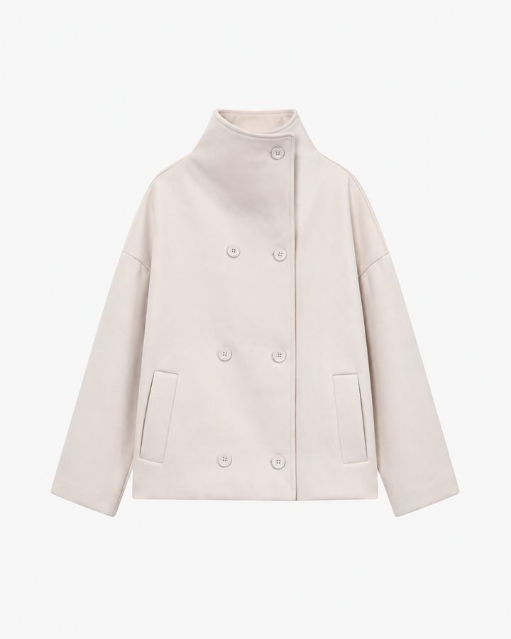 Sorvienne Relaxed Double Breasted Stand Collar Jacket in Cream