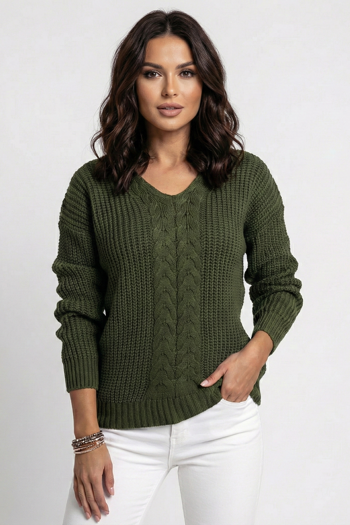 Sorvienne Relaxed V Neck Cable Knit Jumper in Olive