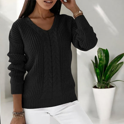 Sorvienne Relaxed V Neck Cable Knit Jumper in Black