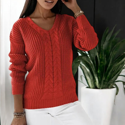 Sorvienne Relaxed V Neck Cable Knit Jumper in Red