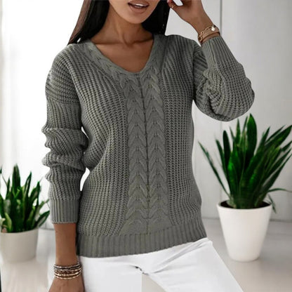 Sorvienne Relaxed V Neck Cable Knit Jumper in Grey