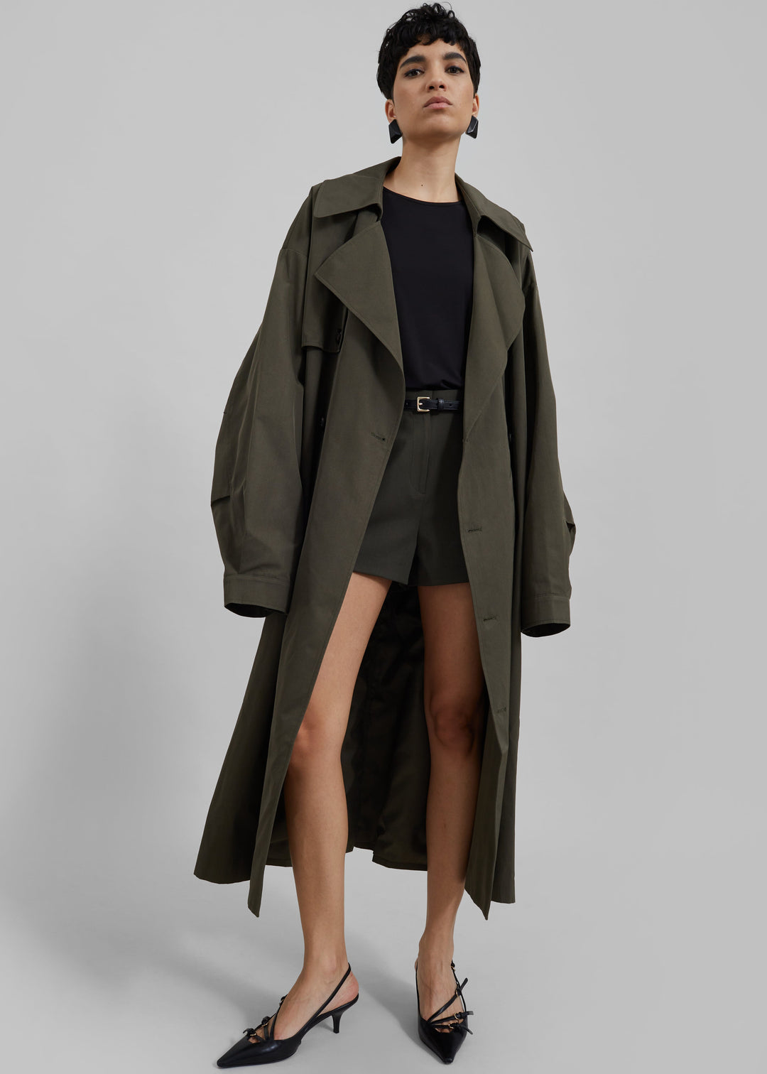 Sorvienne Water Repellent Oversized Trench Coat in Olive