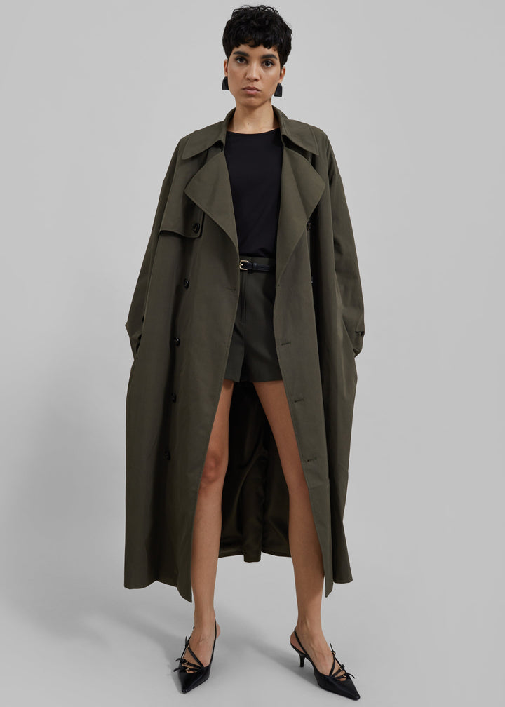 Sorvienne Water Repellent Oversized Trench Coat in Olive