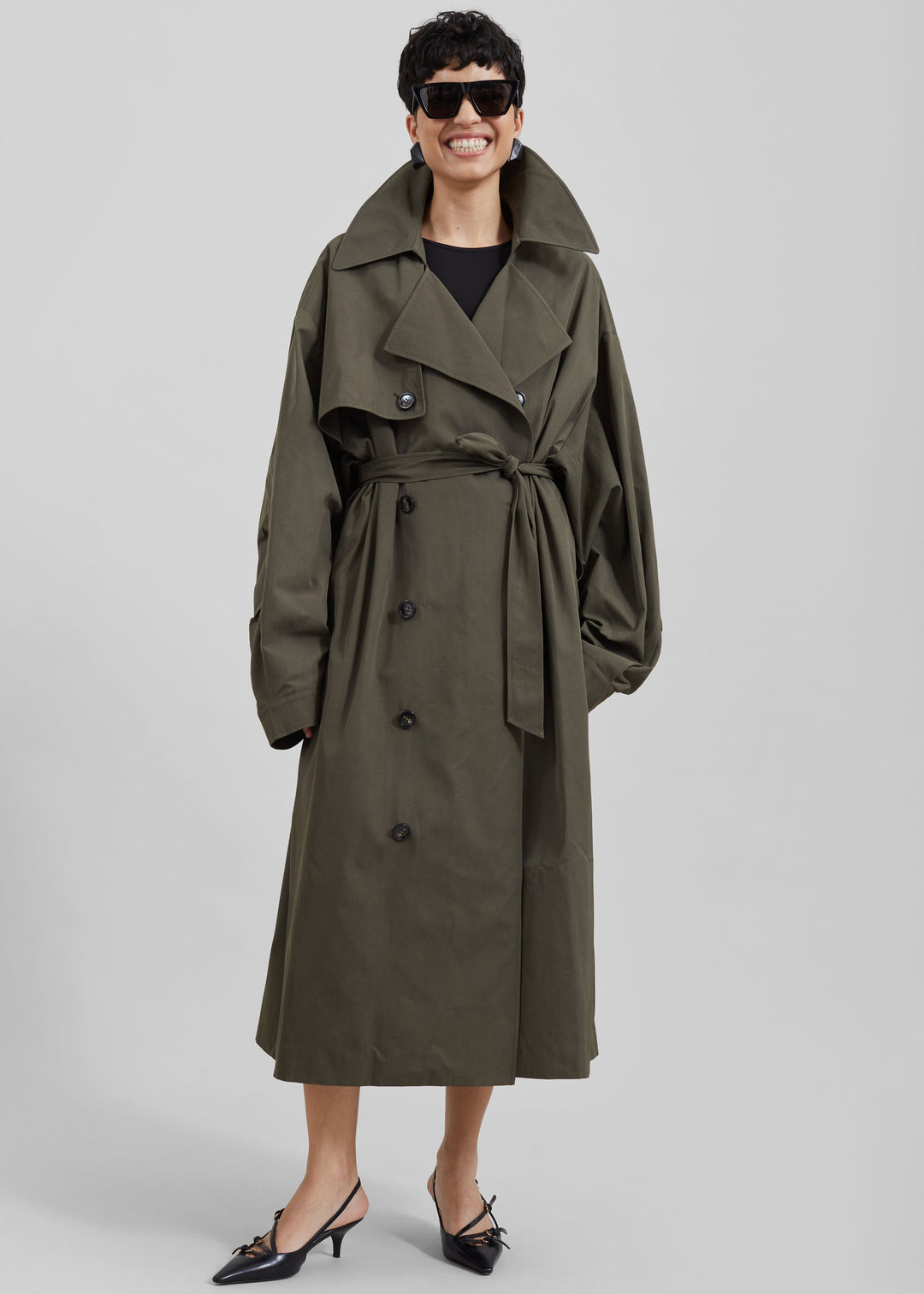 Sorvienne Water Repellent Oversized Trench Coat in Olive