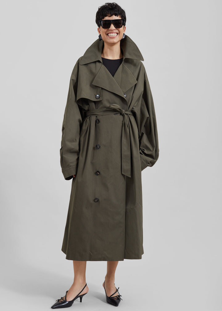 Sorvienne Water Repellent Oversized Trench Coat in Olive