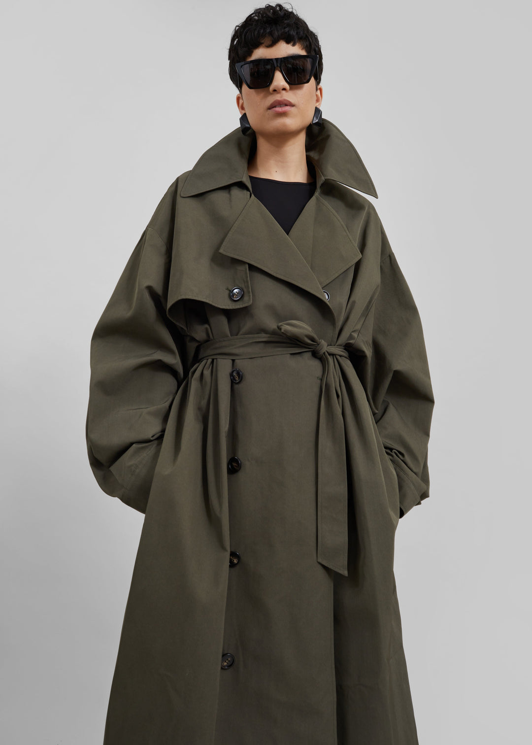 Sorvienne Water Repellent Oversized Trench Coat in Olive