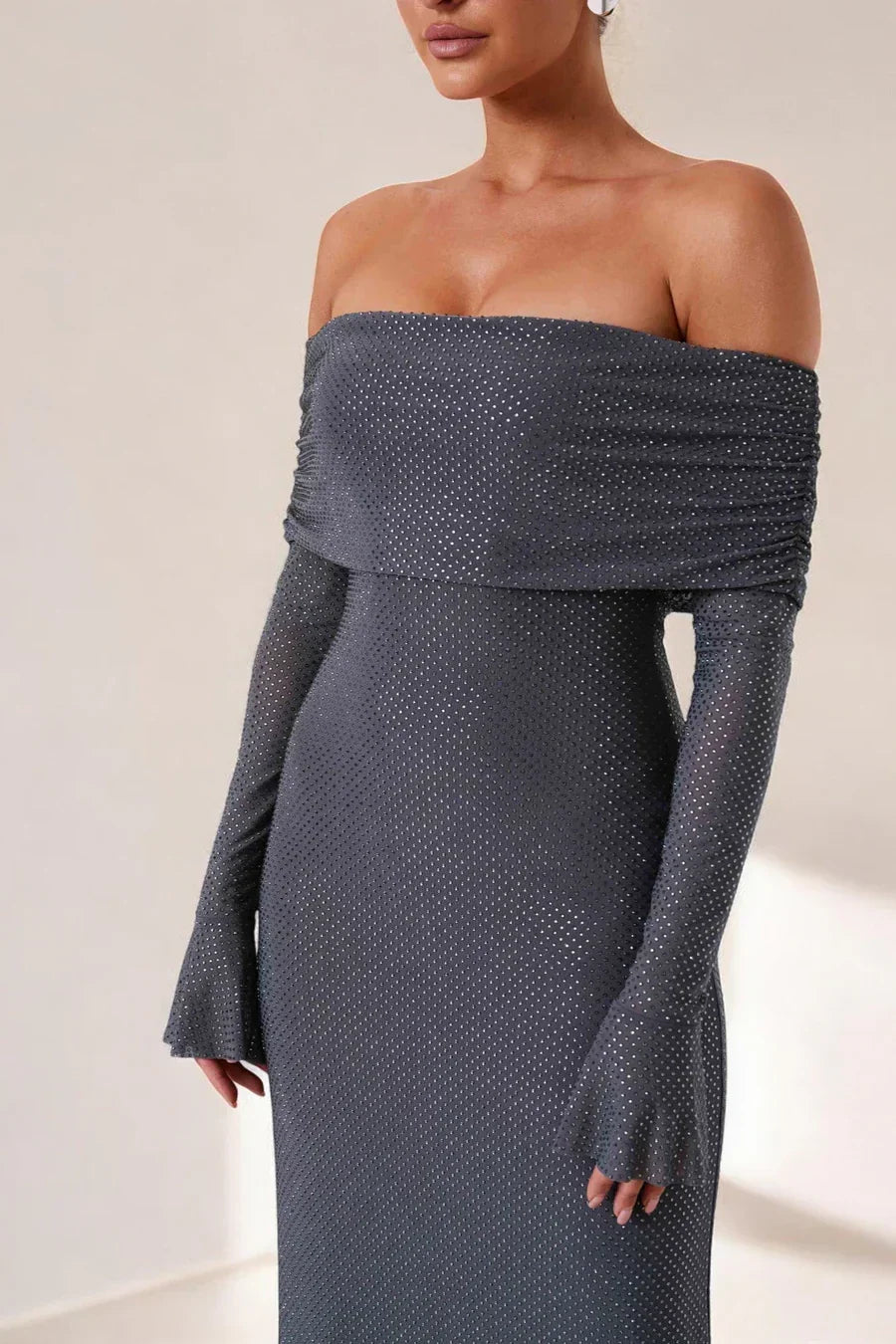 Sorvienne Slim Embellished Off Shoulder Maxi Dress in Grey