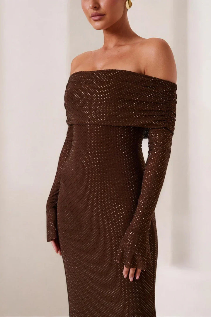 Sorvienne Slim Embellished Off Shoulder Maxi Dress in Brown