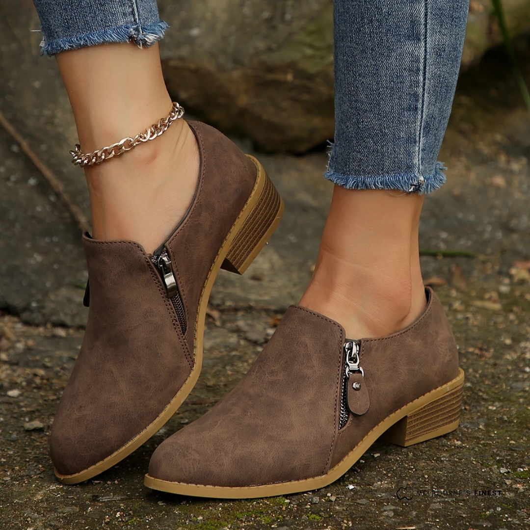 Sorvienne Comfort Side Zip Block Heel Shoe Boots in Taupe
