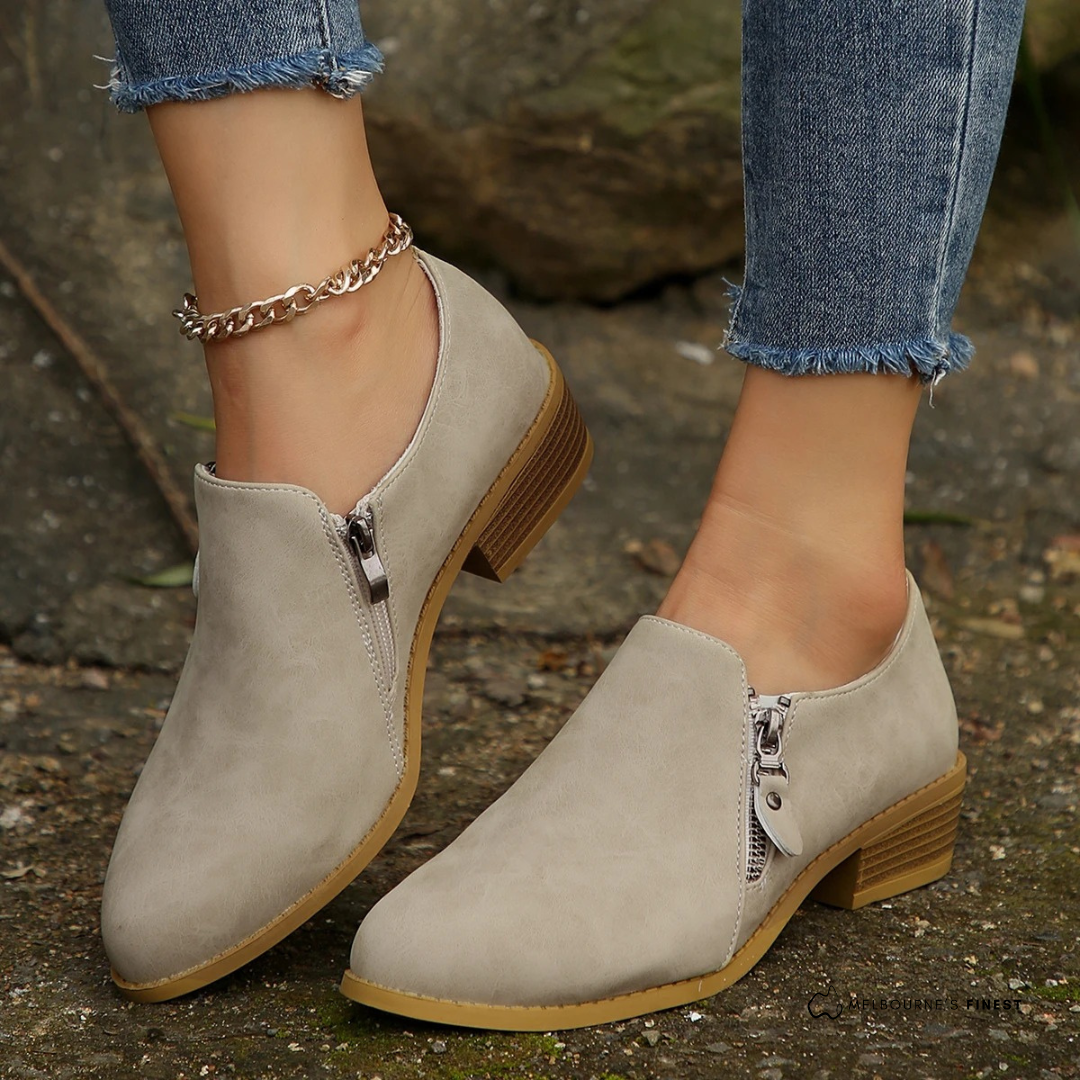 Sorvienne Comfort Side Zip Block Heel Shoe Boots in Beige