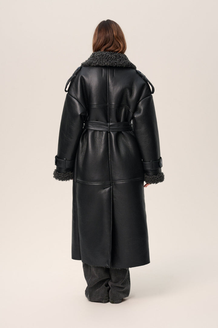 Sorvienne Oversized Belted Faux Leather Coat