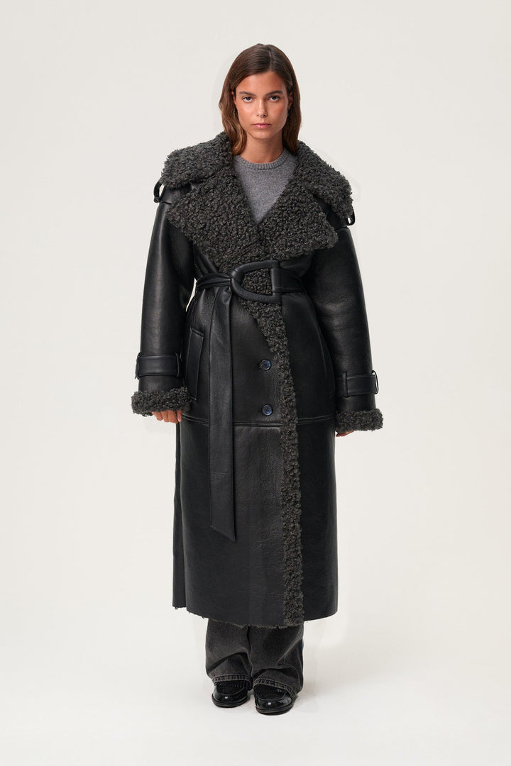 Sorvienne Oversized Belted Faux Leather Coat