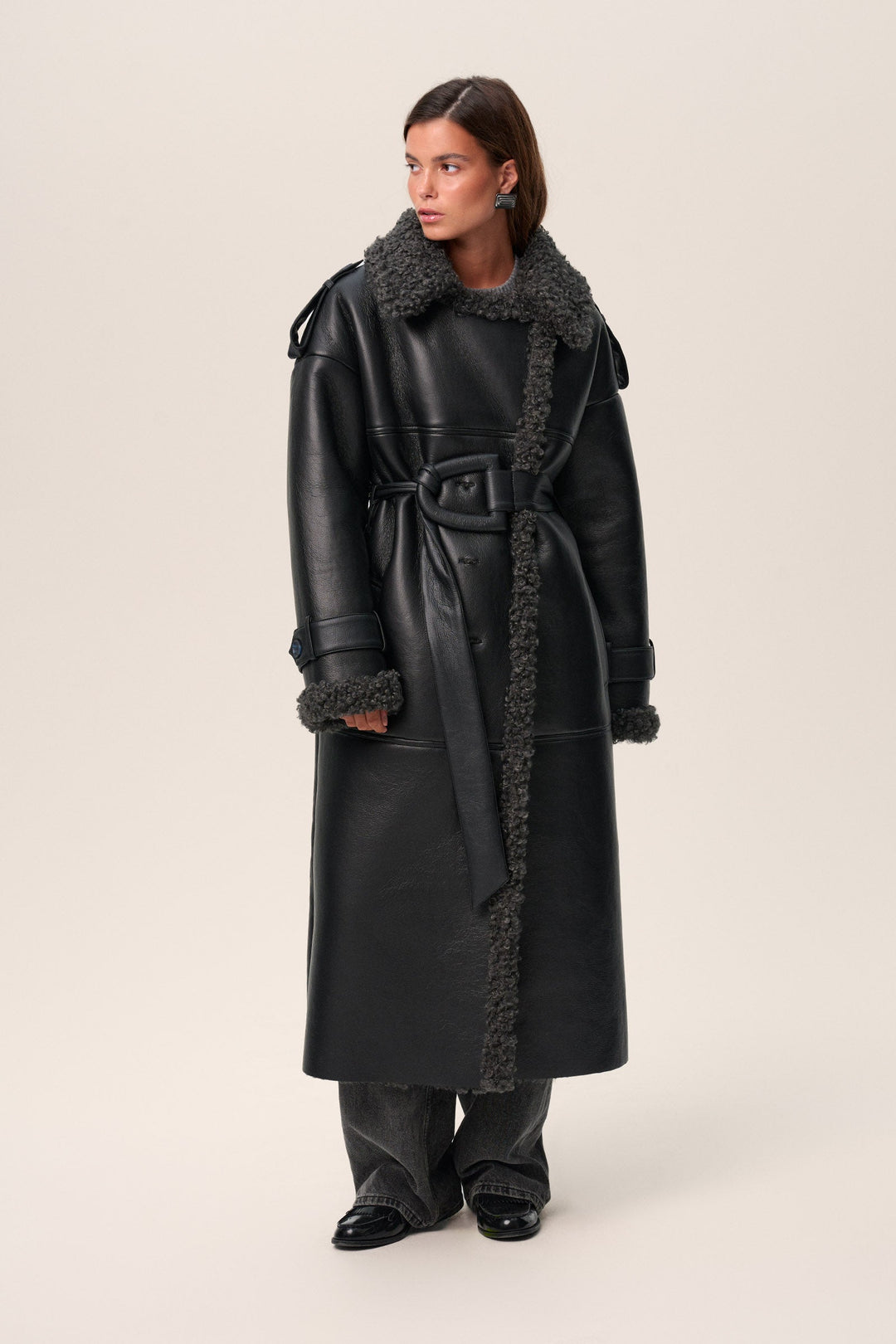 Sorvienne Oversized Belted Faux Leather Coat
