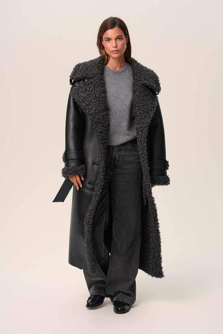 Sorvienne Oversized Belted Faux Leather Coat