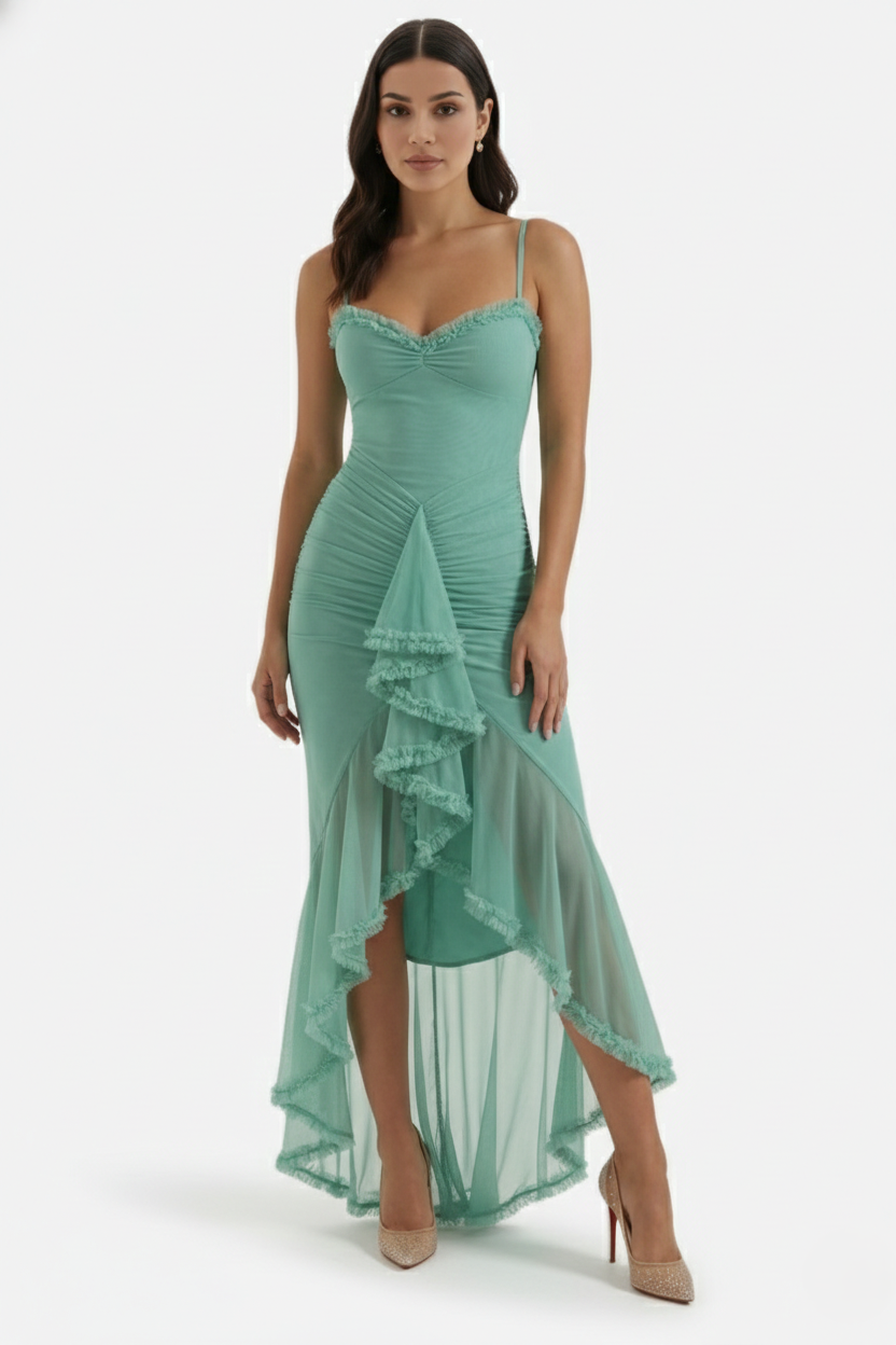 Evening Gown Ruched Mesh Ruffle Assymetrical Hem - Siopie