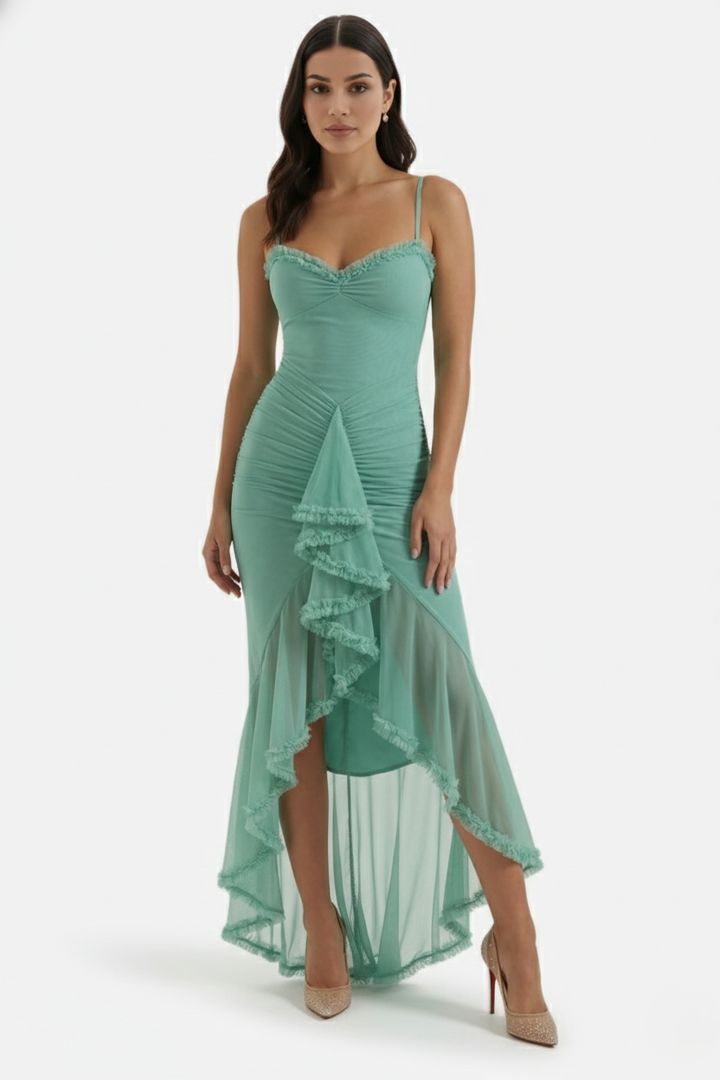 Evening Gown Ruched Mesh Ruffle Assymetrical Hem - Siopie