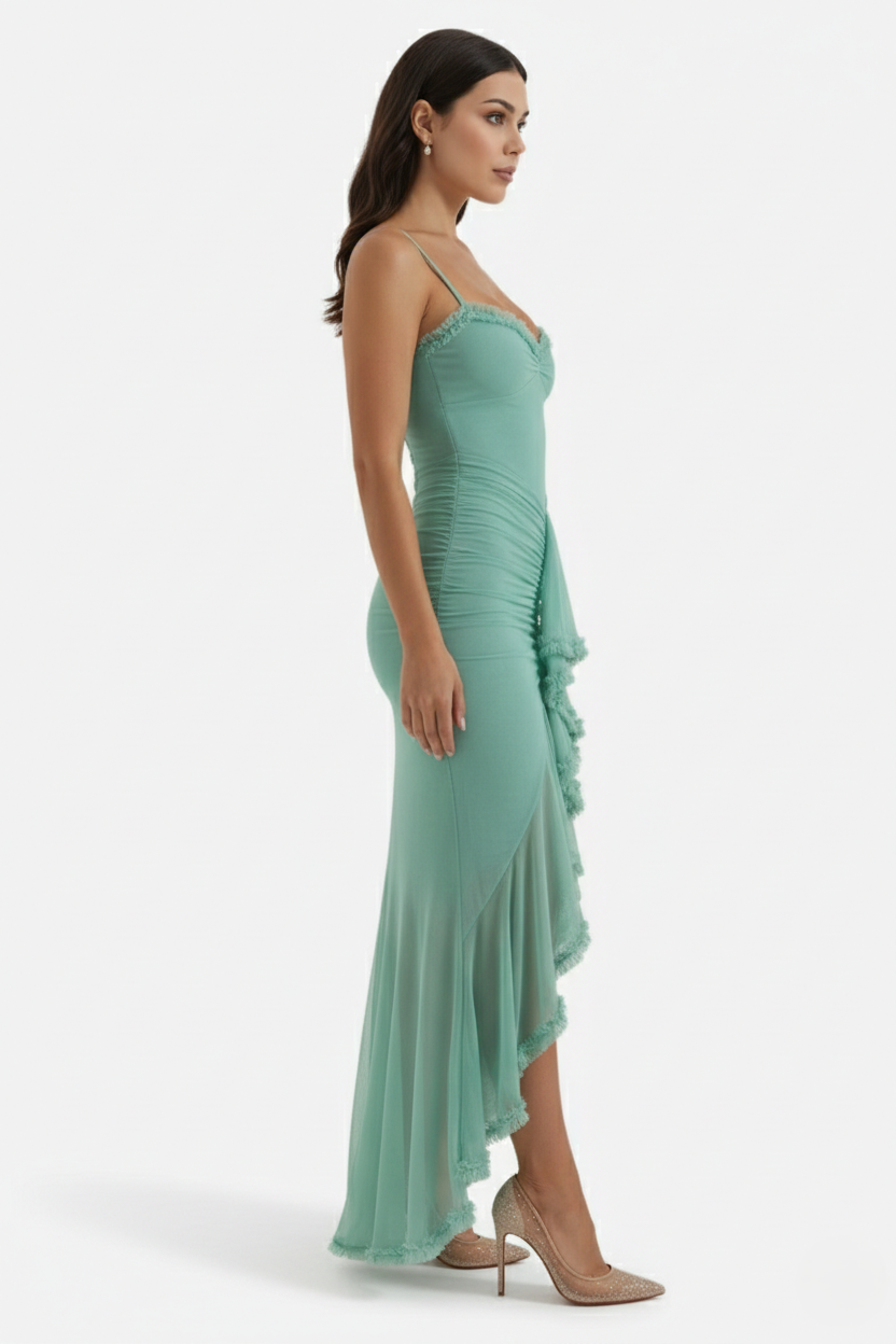 Evening Gown Ruched Mesh Ruffle Assymetrical Hem - Siopie