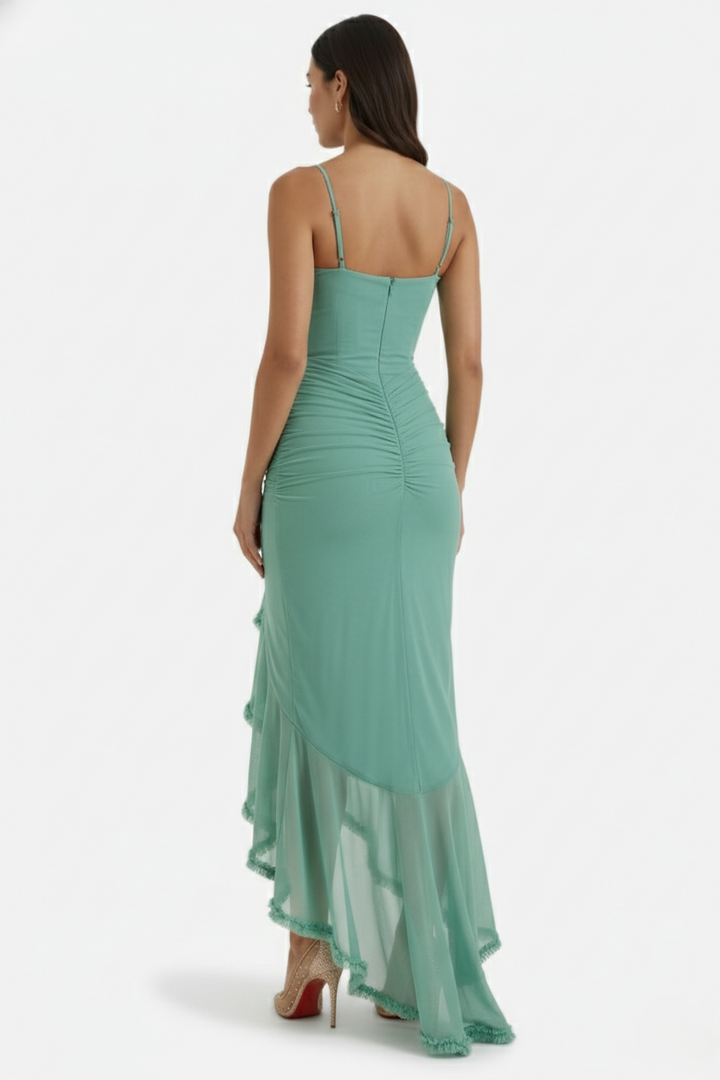 Evening Gown Ruched Mesh Ruffle Assymetrical Hem - Siopie
