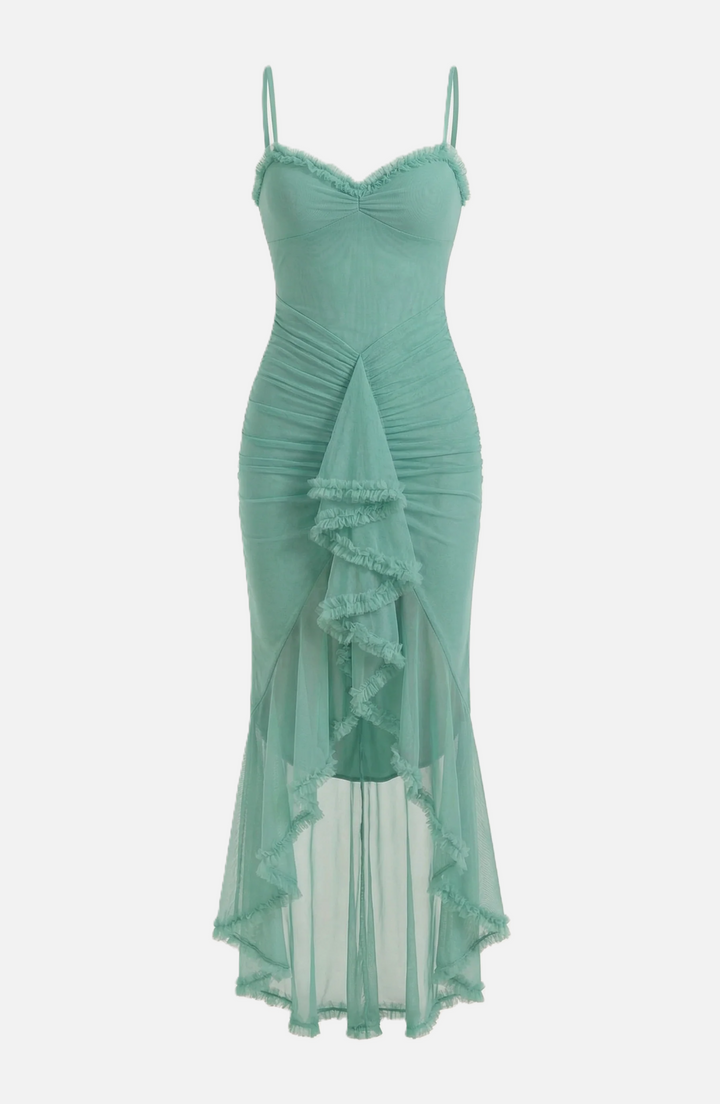 Evening Gown Ruched Mesh Ruffle Assymetrical Hem - Siopie