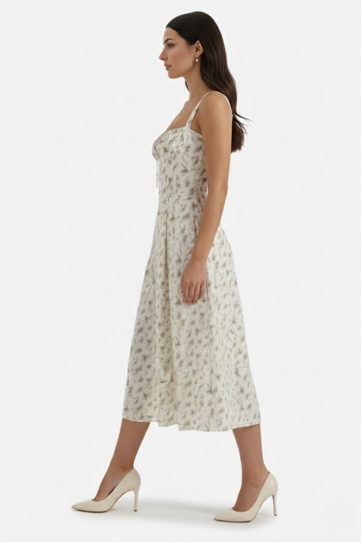 Summer Midi Dress Sweetheart Ruched Bust A Line Floral Print - Siopie