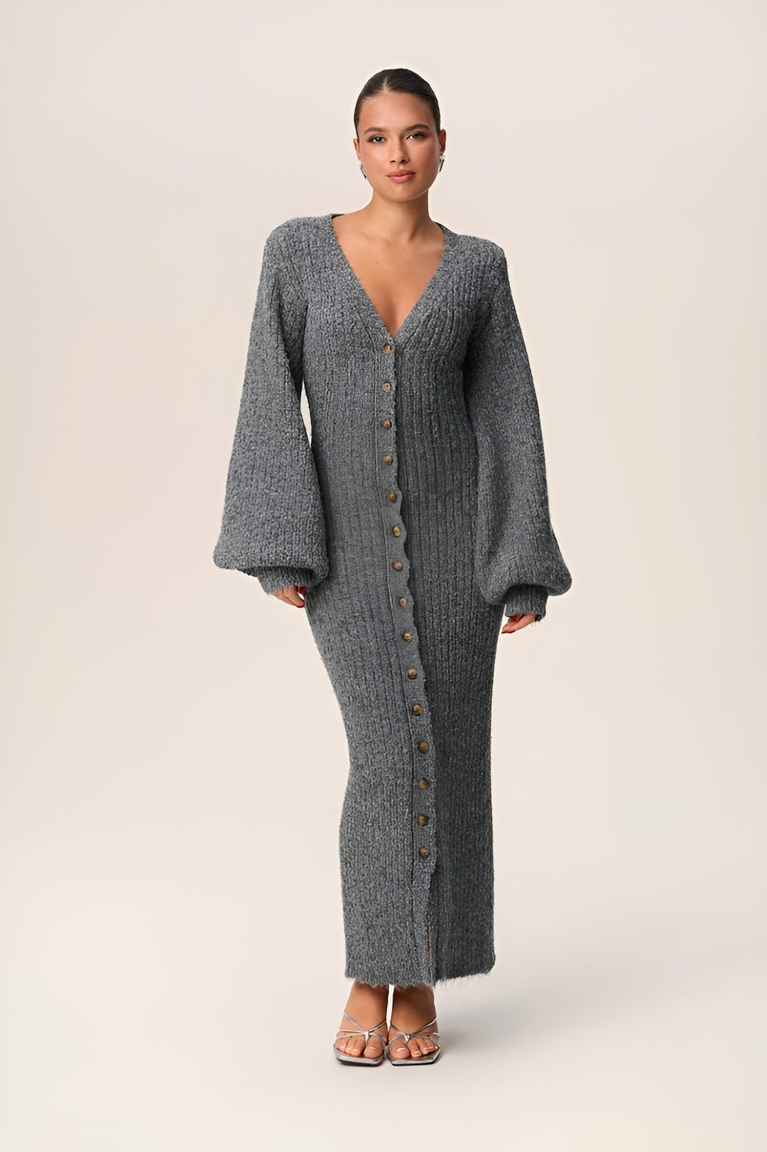 Sorvienne Slim Button Front Knitted Maxi Dress
