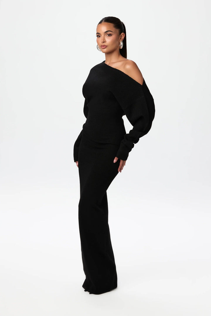 Sorvienne Slim Asymmetric Off Shoulder Knit Dress in Black