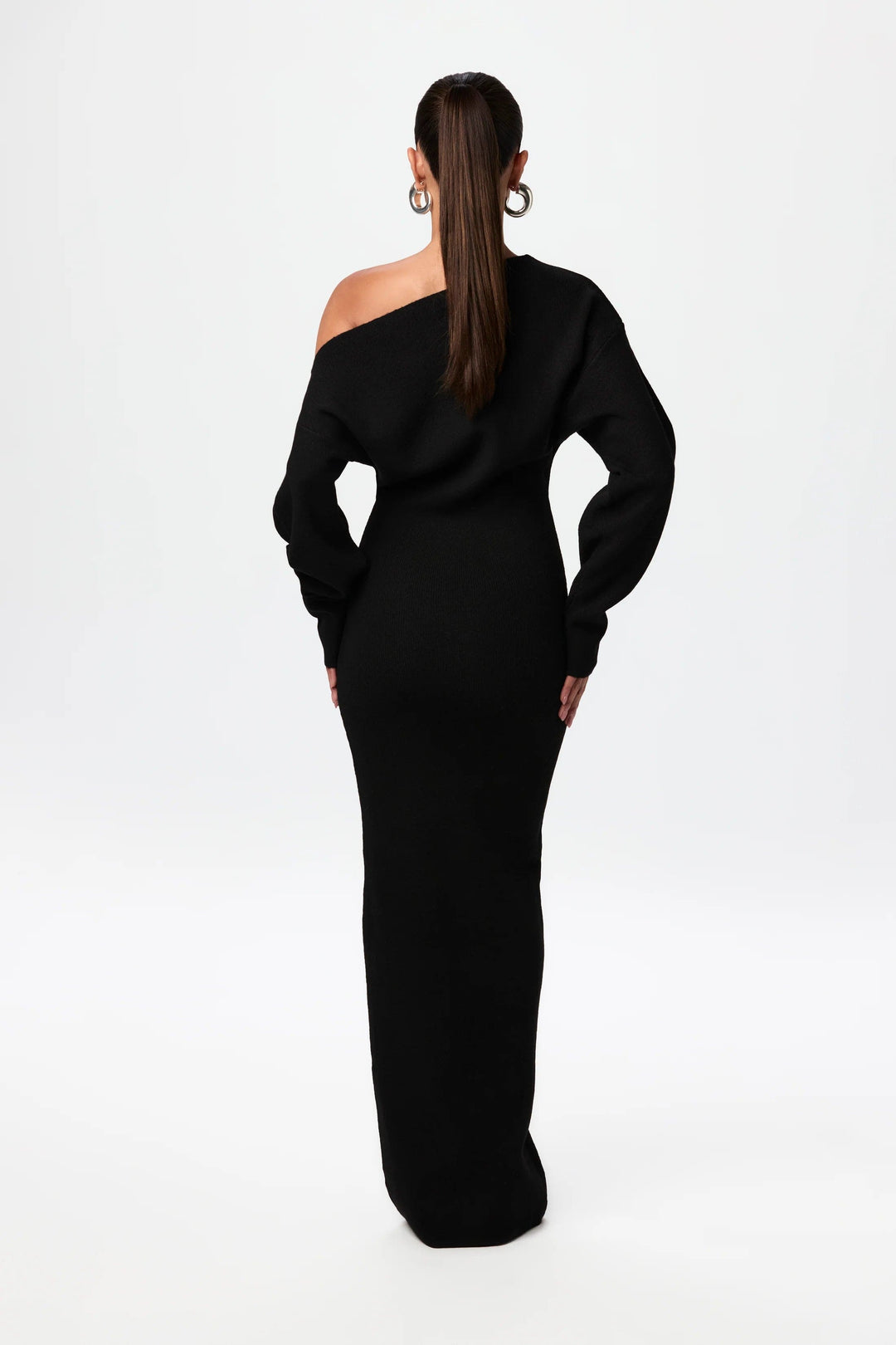 Sorvienne Slim Asymmetric Off Shoulder Knit Dress in Black