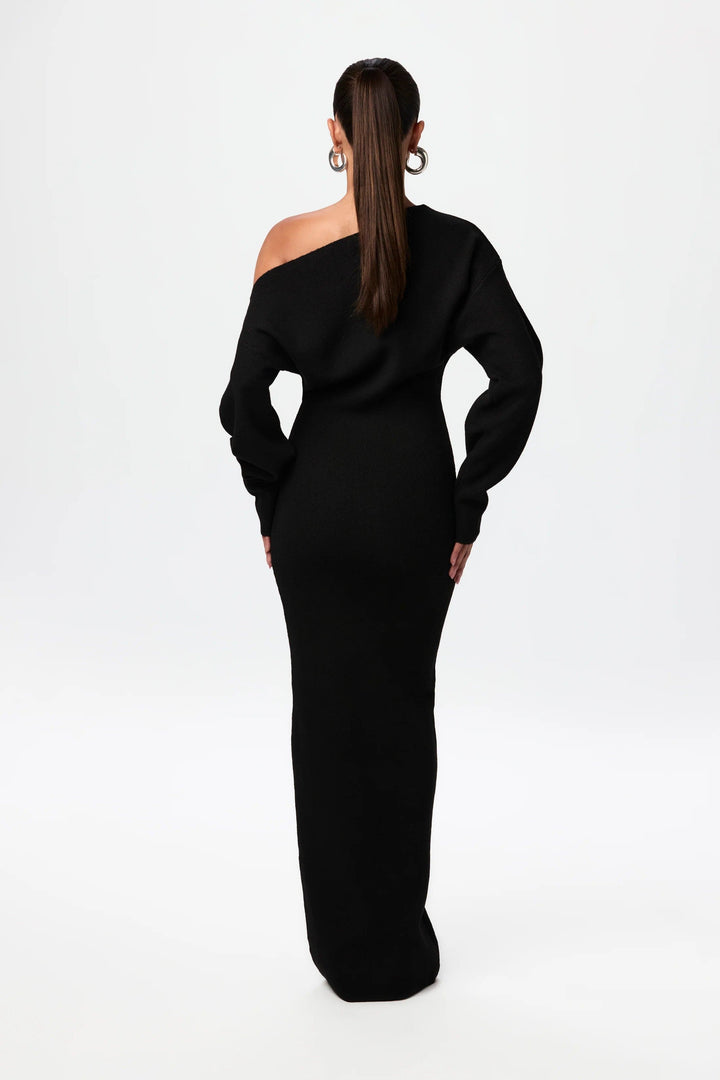 Sorvienne Slim Asymmetric Off Shoulder Knit Dress in Black