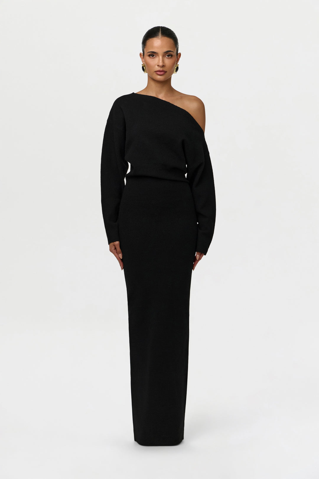Sorvienne Slim Asymmetric Off Shoulder Knit Dress in Black