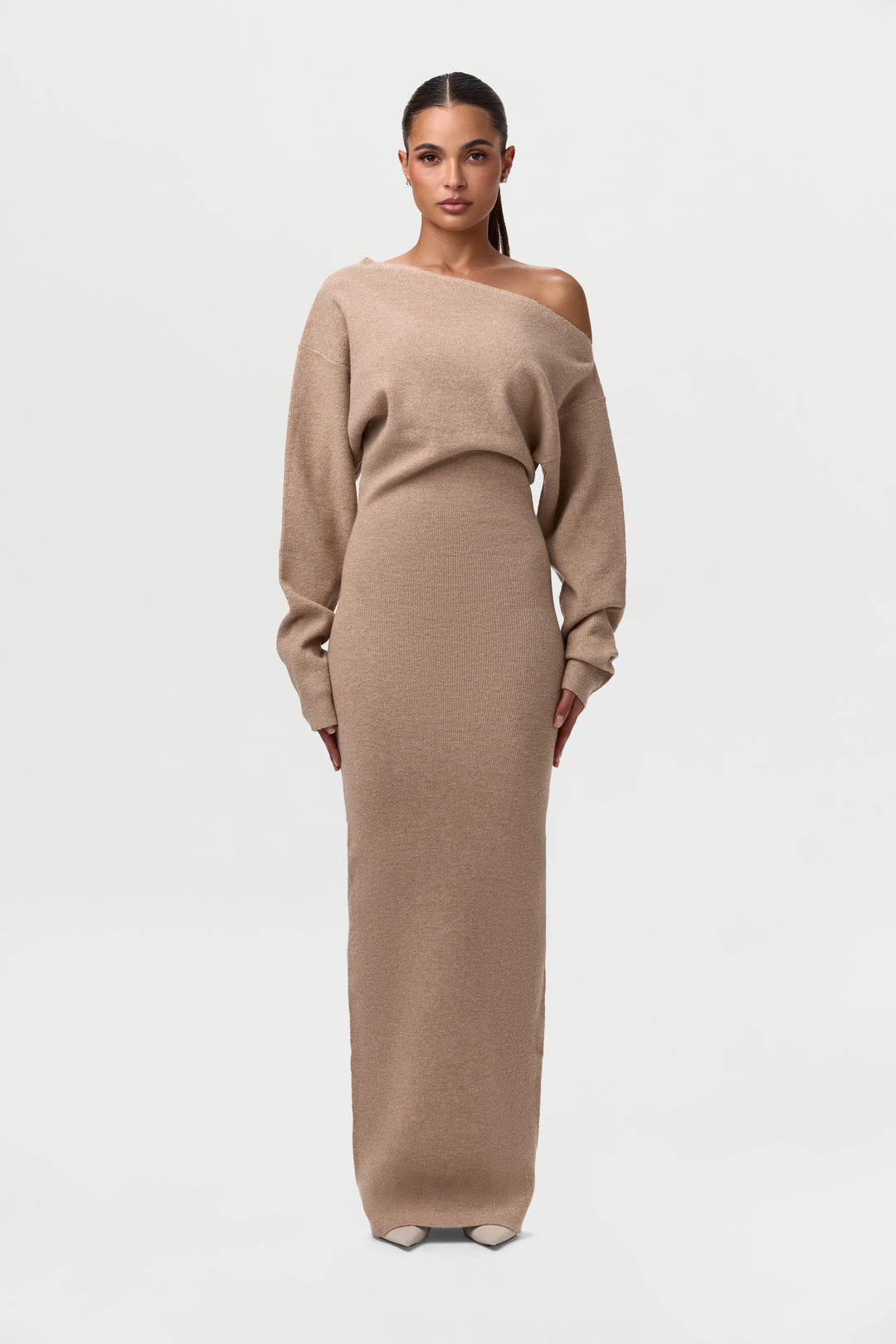 Sorvienne Slim Asymmetric Off Shoulder Knit Dress in Taupe