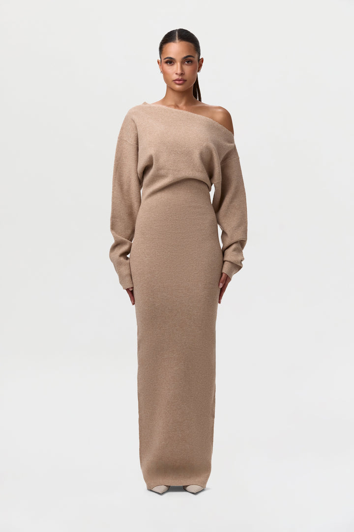 Sorvienne Slim Asymmetric Off Shoulder Knit Dress in Taupe
